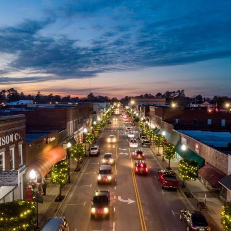 Downtown Benson aerial view at sunset in North Carolina.