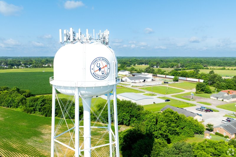Benson water tower overlooking surrounding countryside in North Carolina.