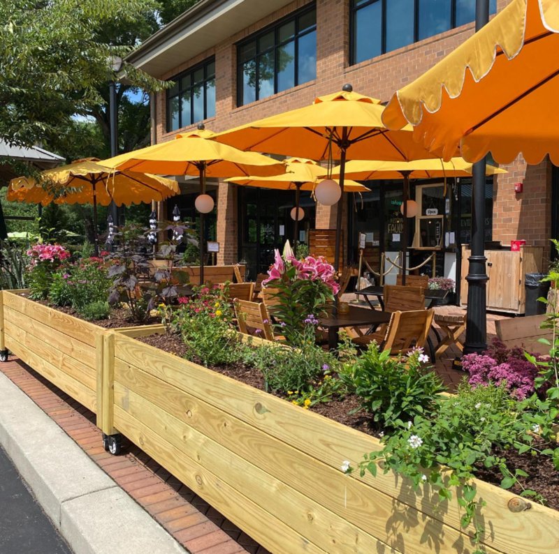 Outdoor seating with umbrellas at local Cary restaurant.