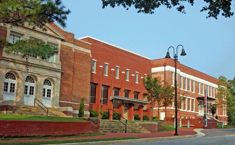 Clayton Town Hall and The Clayton Center historic brick buildings in downtown Clayton NC