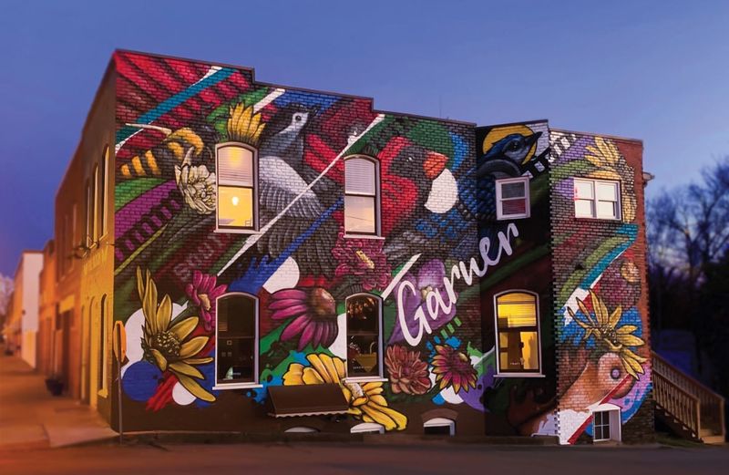 Colorful mural artwork on brick building in Garner North Carolina
