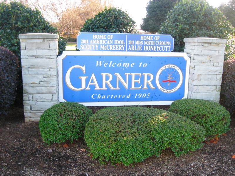 Welcome sign for Garner North Carolina town entrance landscaping
