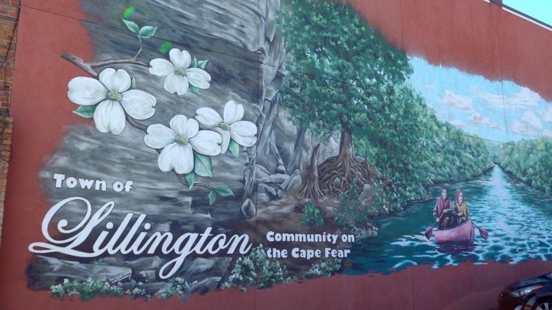 Town of Lillington mural showing Cape Fear River scene in North Carolina