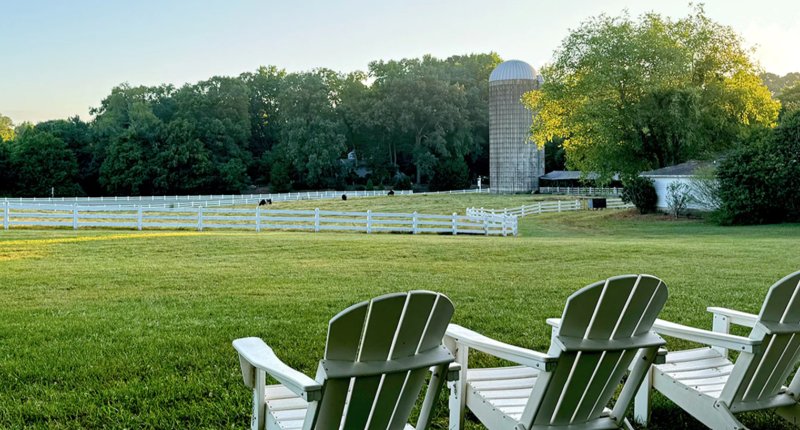 Pastoral scene with silo and fenced pasture at Fearrington Village in Pittsboro, North Carolina