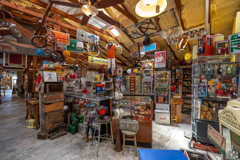 Interior of Railroad Antiques filled with vintage collectibles and memorabilia in Youngsville, North Carolina.