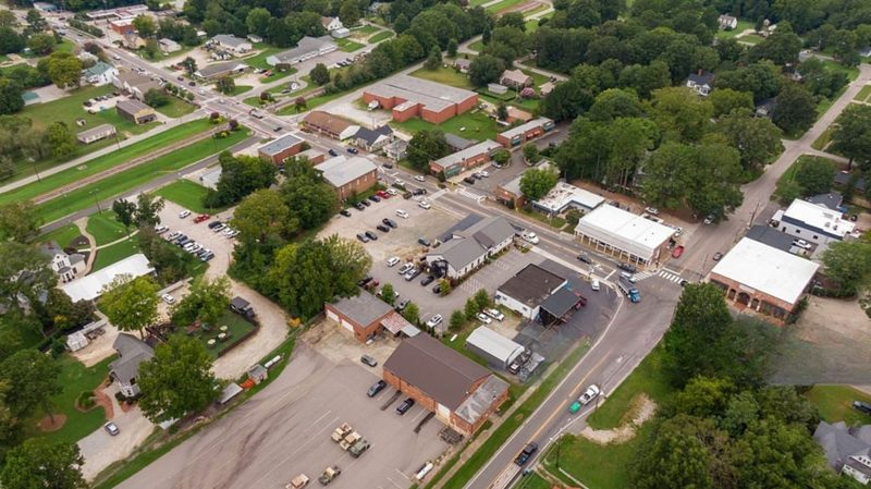 Aerial view of downtown Youngsville, North Carolina showing streets and buildings.