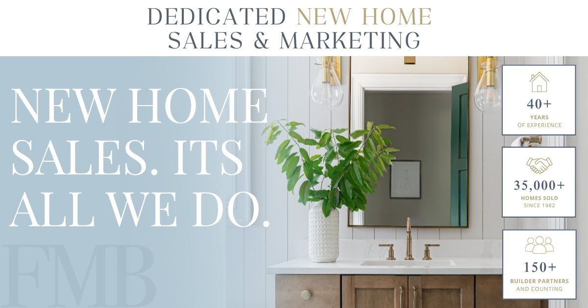 Bathroom vanity with FMB highlights: 40+ years of experience, 35,000+ homes sold, and 150+ builder partners